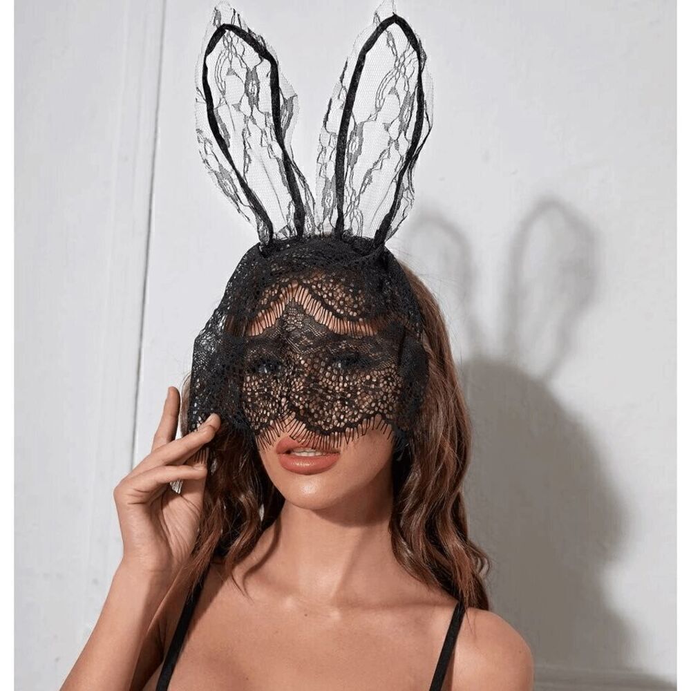 🖤 Sexy Playboy Bunny Costume Black Lace Rabbit Ears Hair Hoop Hairband Mask NEW